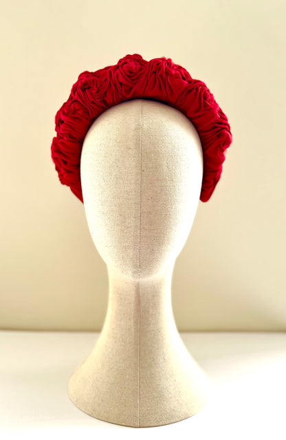 Rosa -  Rose-smocked silk headband in red