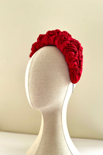 Rosa -  Rose-smocked silk headband in red
