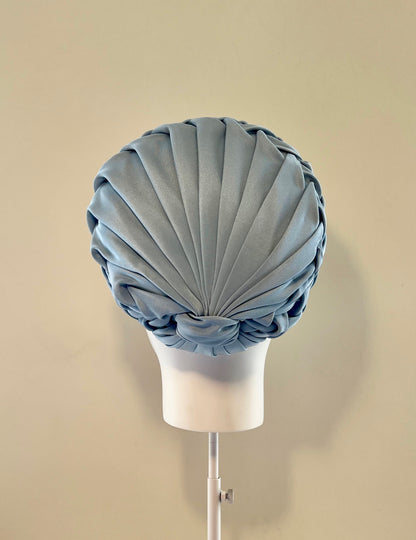 Charlotte - Lattice-smocked draped pillbox in Wedgewood blue silk crepe