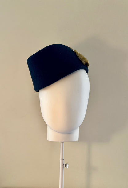 Aubrey - Scottie pillbox in deep navy wool felt with gold tassel