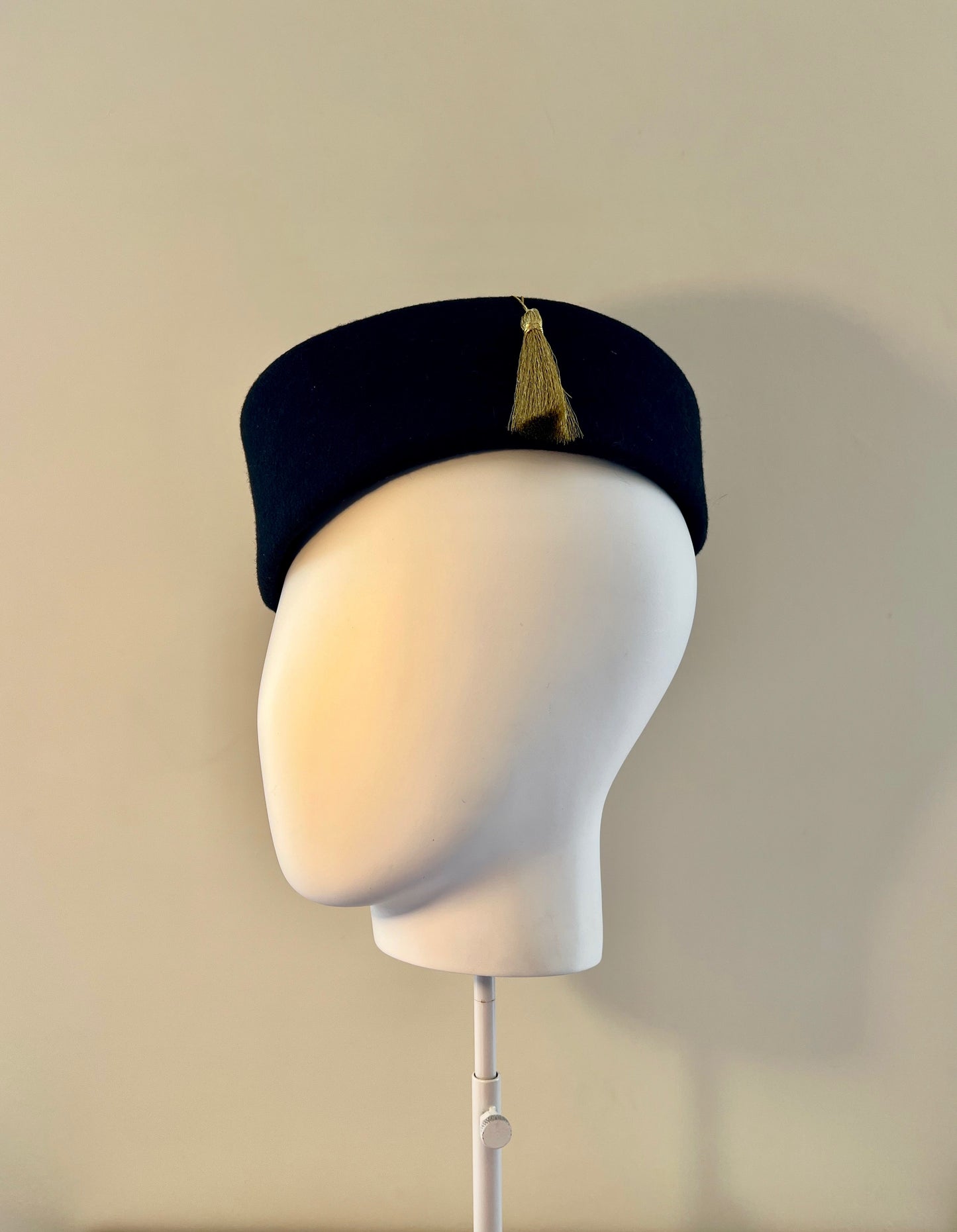 Aubrey - Scottie pillbox in deep navy wool felt with gold tassel