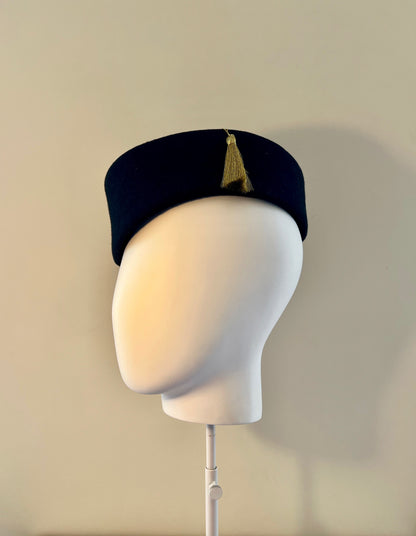 Aubrey - Scottie pillbox in deep navy wool felt with gold tassel
