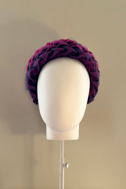 Lorna - Pillbox hat in cerise silk satin with tulle overlay