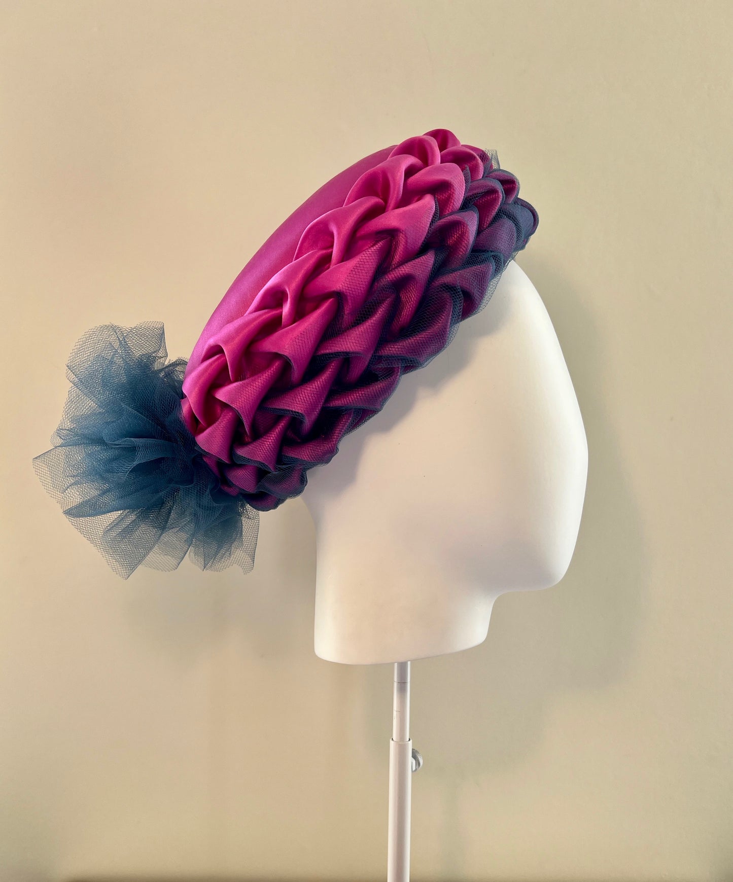 Lorna - Pillbox hat in cerise silk satin with tulle overlay