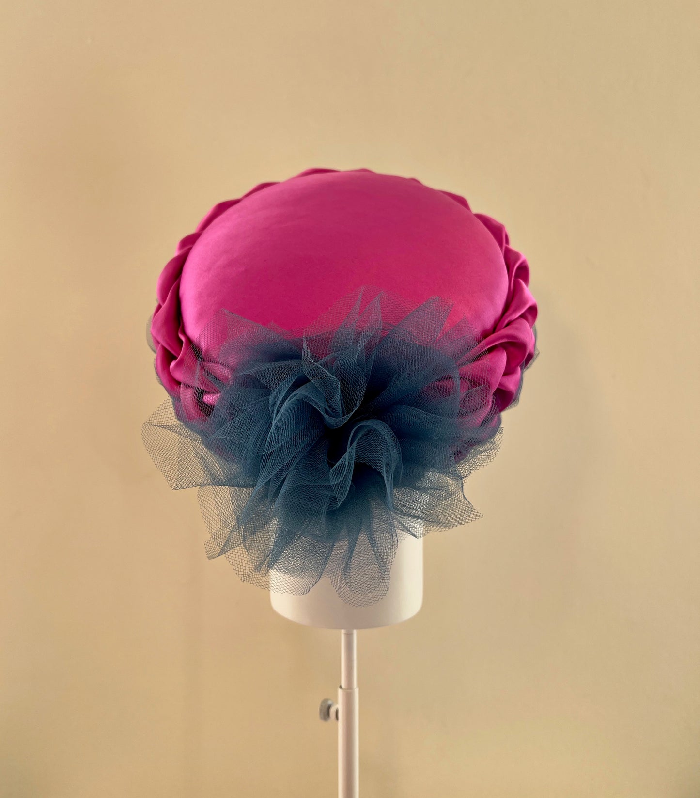 Lorna - Pillbox hat in cerise silk satin with tulle overlay
